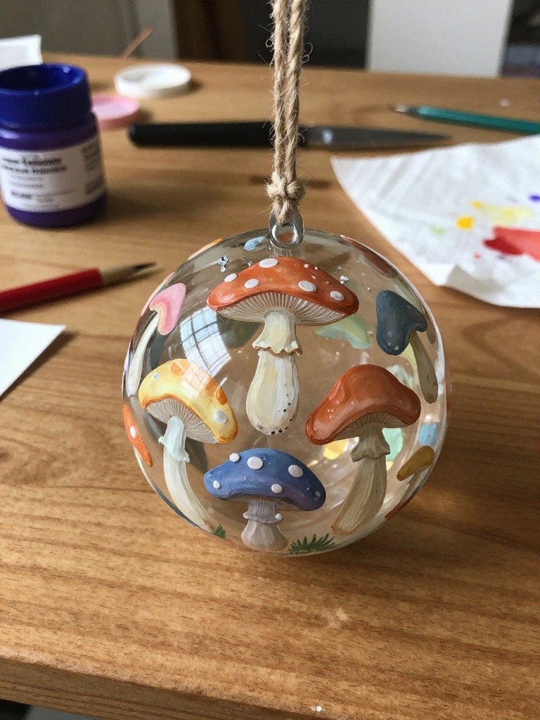 Clear glass ornament painted with colorful mushrooms hanging over wooden art table