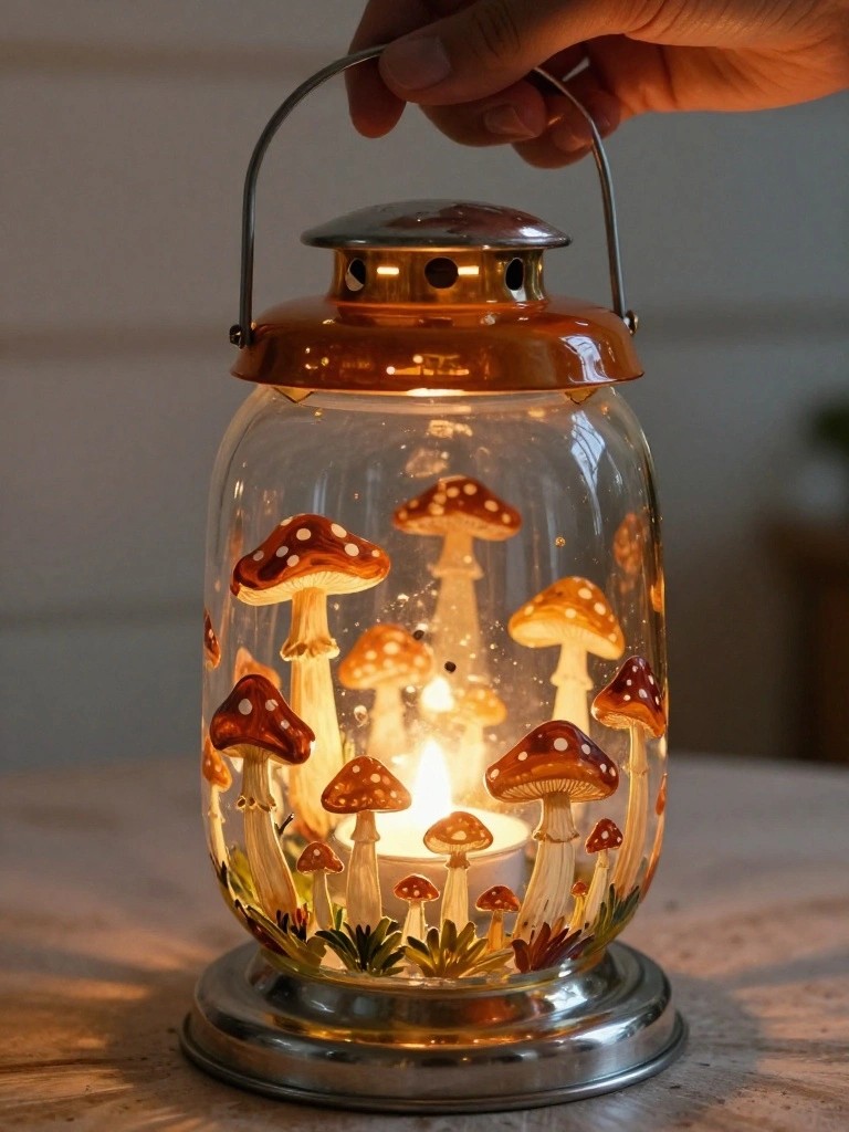 A hand holds a lit glass lantern with metal top and base that is painted with mushrooms of different sizes.