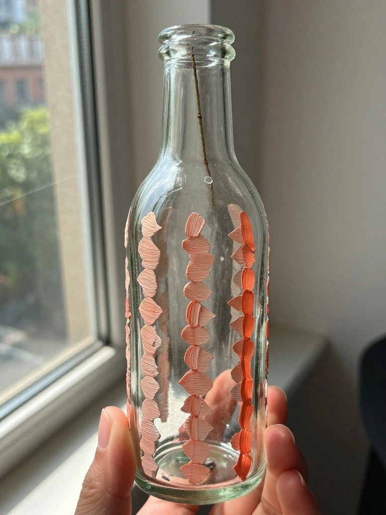 Hands holding clear glass bottle with pink scale patterns and dangling string.