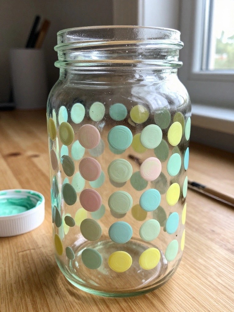 Glass mason jar with pastel polka dots beside green paint and brush on wood
