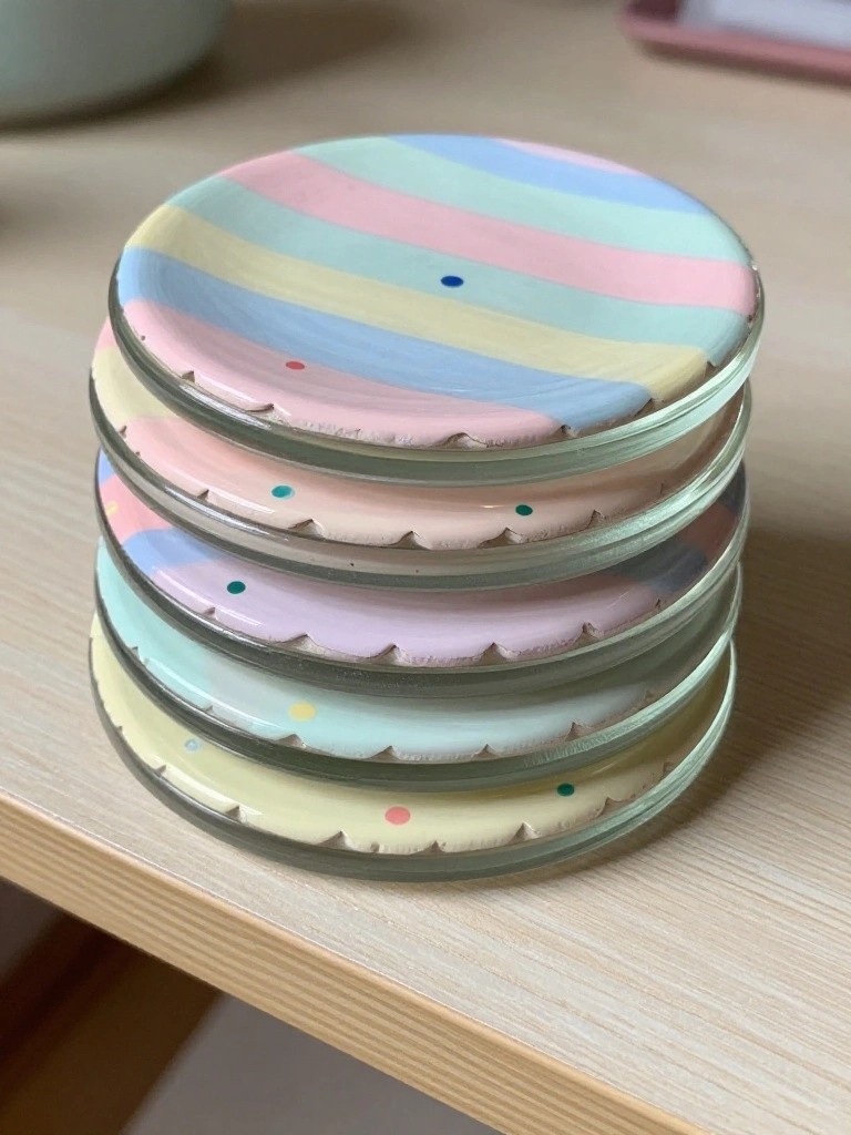 A stack of five round glass coasters painted with pastel stripes and small dots resting on a wooden table.