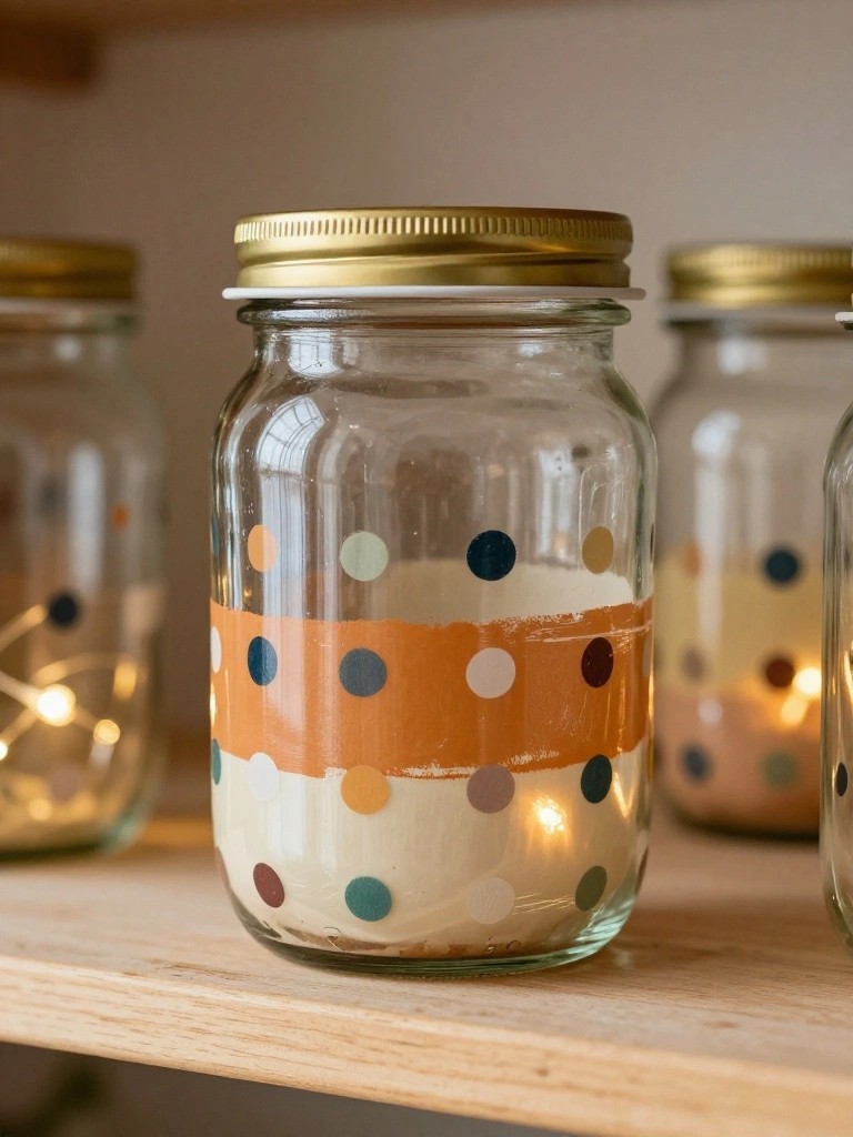 A clear glass jar with a gold lid decorated with multicolored polka dots and an orange band sits on a wooden shelf.