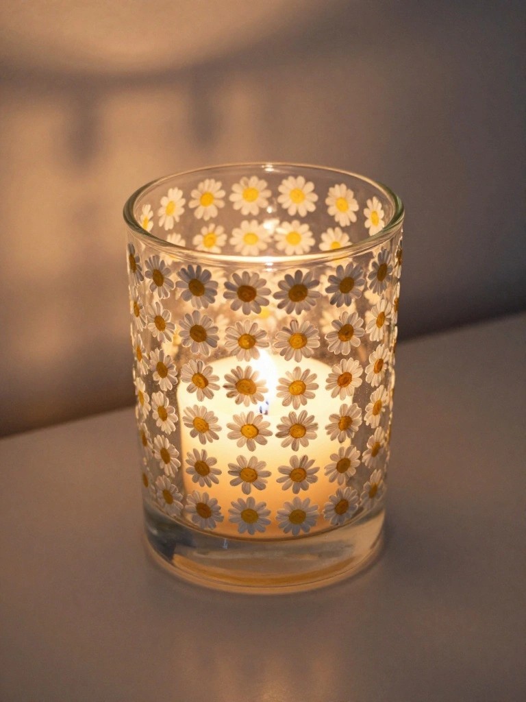 A lit candle inside a clear glass holder painted with a repeating pattern of white daisies with yellow centers.
