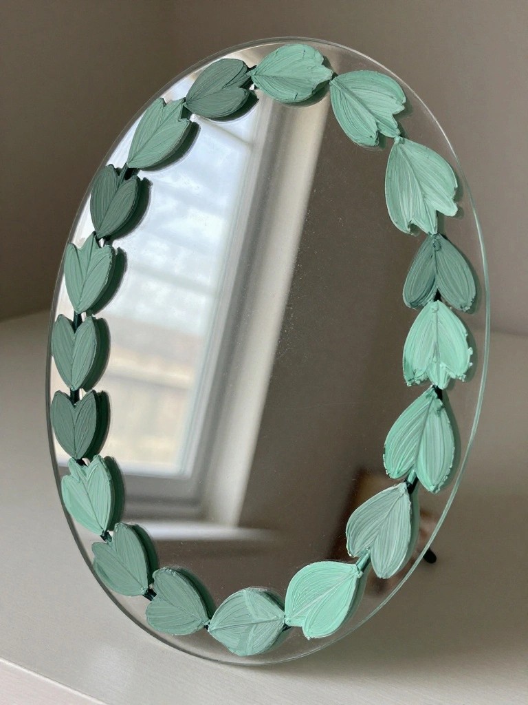 Round mirror with green painted leaves forming a repeating border around the glass edge.
