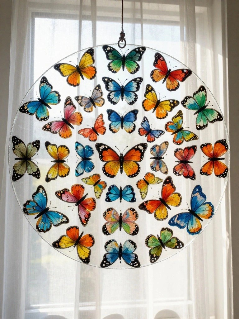 A round clear glass panel covered in colorful painted butterflies of various sizes hangs from a cord in front of a window.
