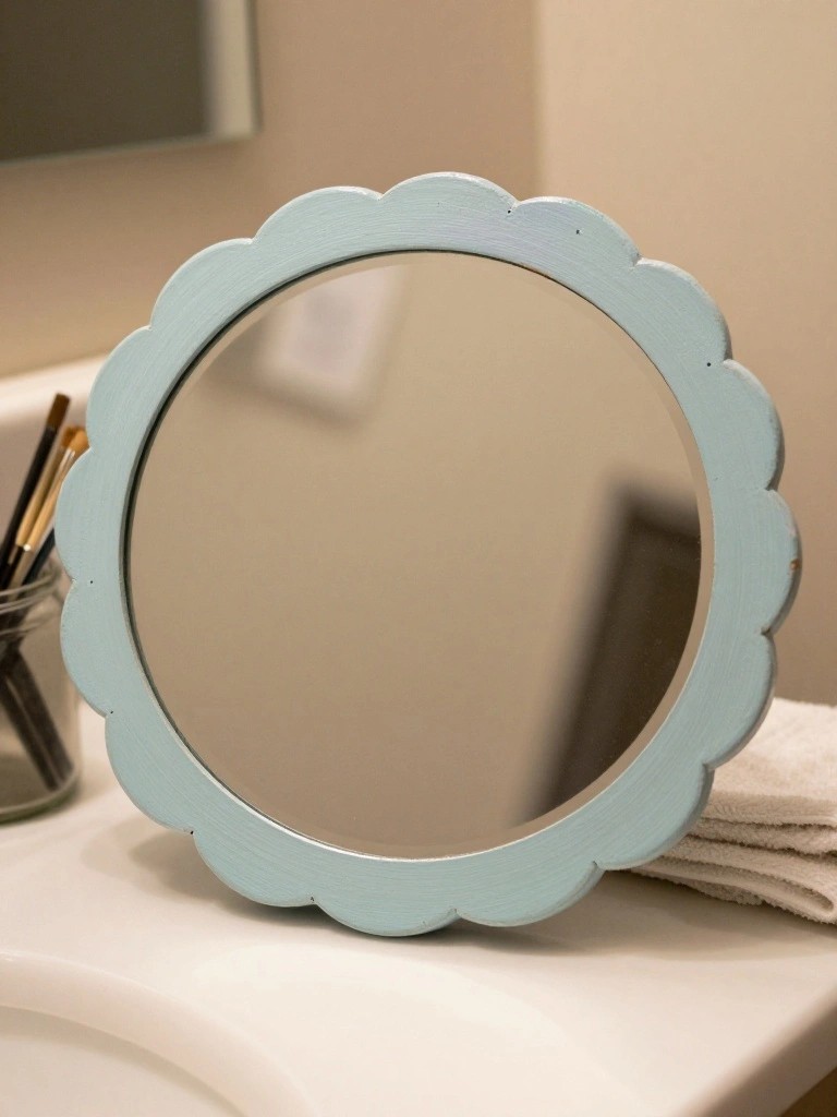 Light blue scalloped round mirror on white bathroom counter with towels and brushes