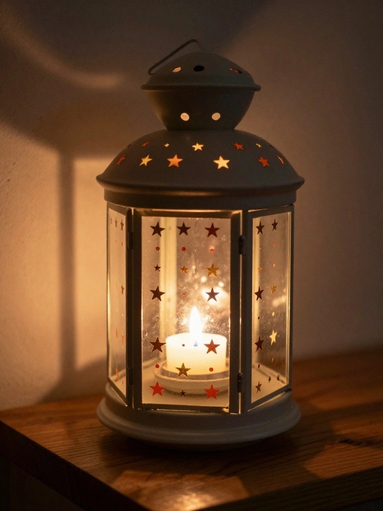 Glowing gray lantern with star cutouts on wooden table in dim light.