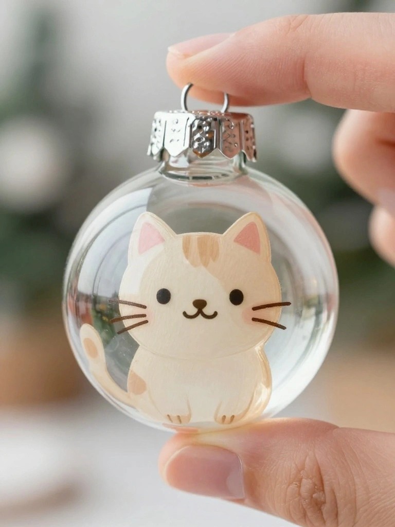 Hand holding clear glass ornament with cute cartoon cat inside