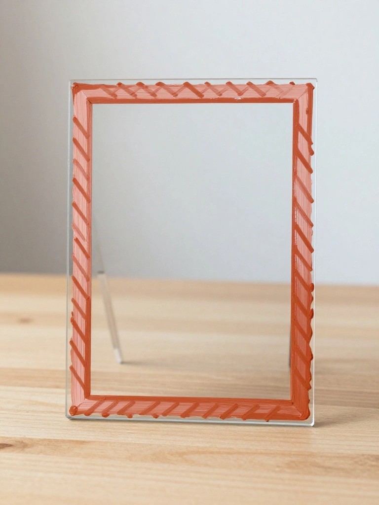 Rectangular clear glass frame with orange diagonal striped border standing on wooden table.
