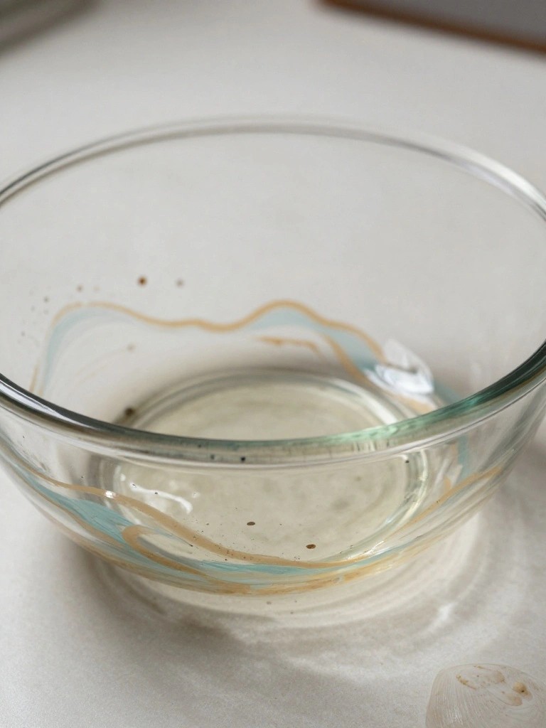 Glass bowl with blue and gold swirls holding liquid and dark specks