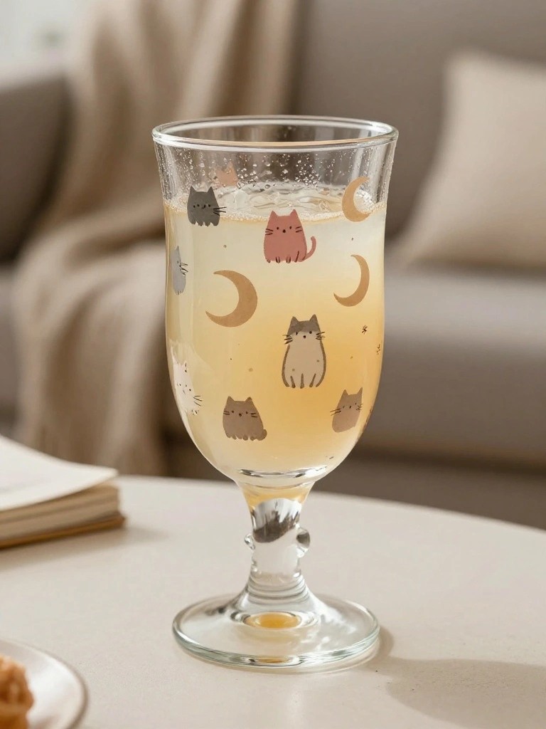 A clear stemmed glass goblet painted with cats and crescent moons holds a pale yellow drink on a table.