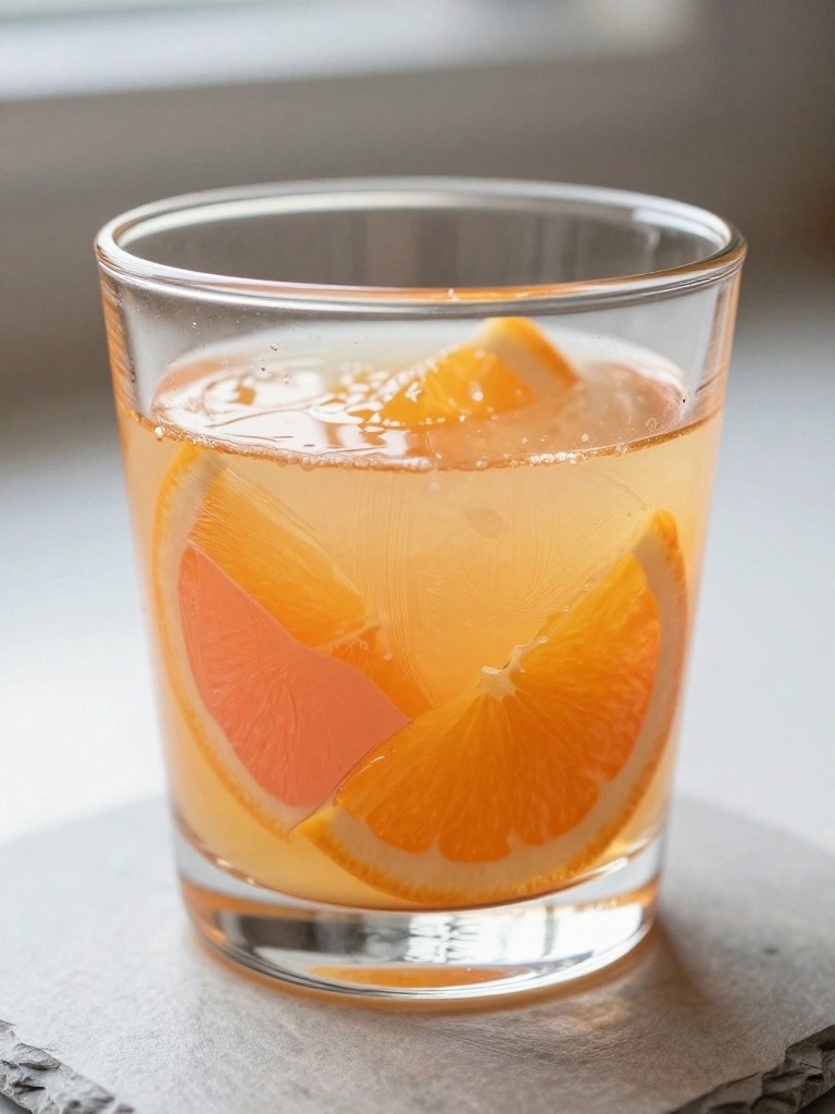 Glass of pale orange liquid with ice cubes and floating citrus slices.