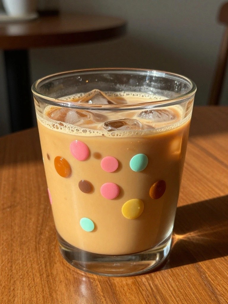 Iced coffee in a colorful polka-dotted glass on a sunlit wooden table.