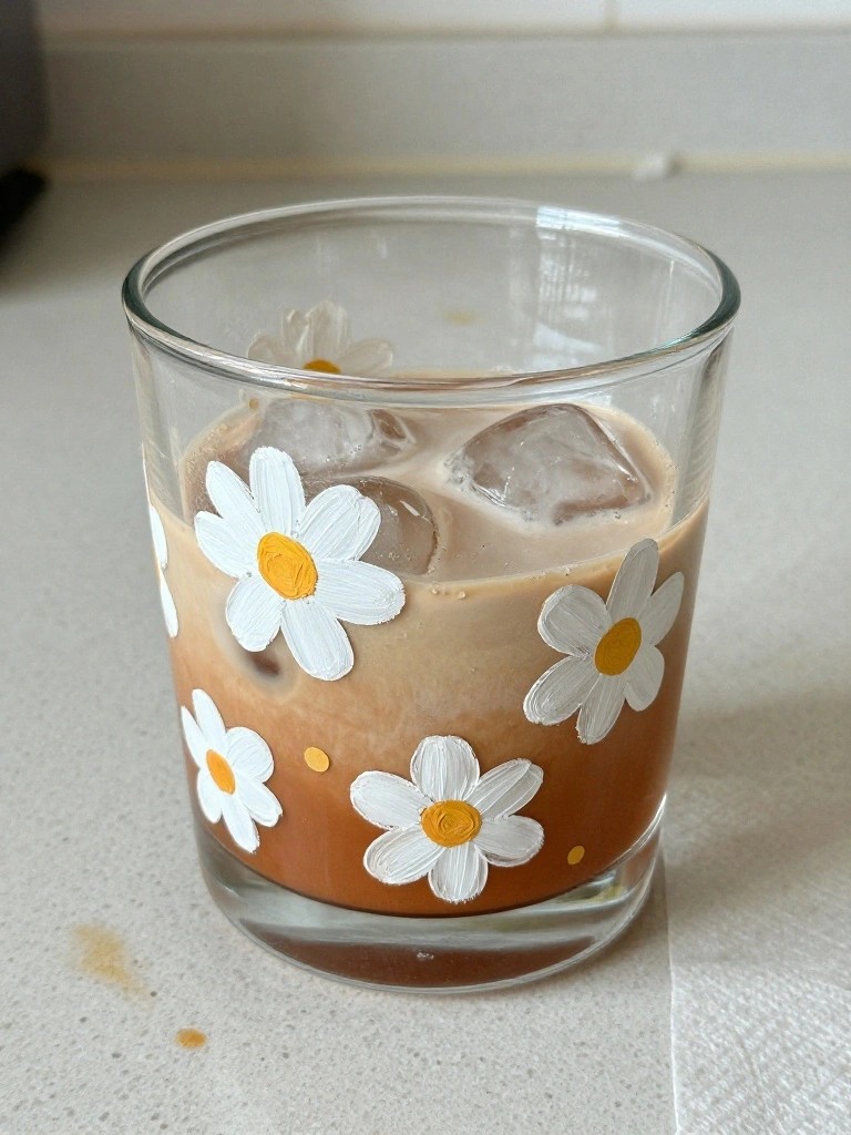 Glass of iced coffee with ice cubes in a daisy-painted tumbler.