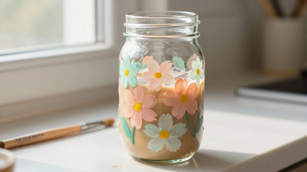 20 Cute Glass Cup Painting Ideas Made for Cozy Iced Coffee Cups Mason jar of iced coffee with painted pink flower and green leaves.