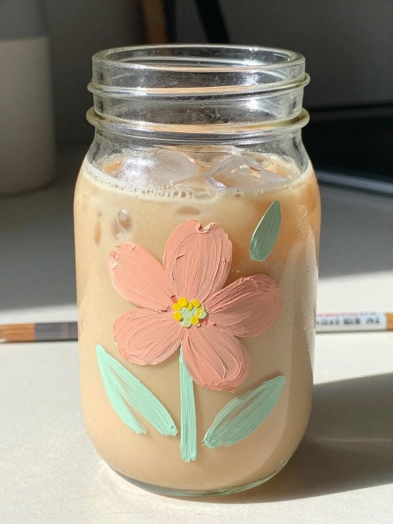 Mason jar of iced coffee with painted pink flower and green leaves.
