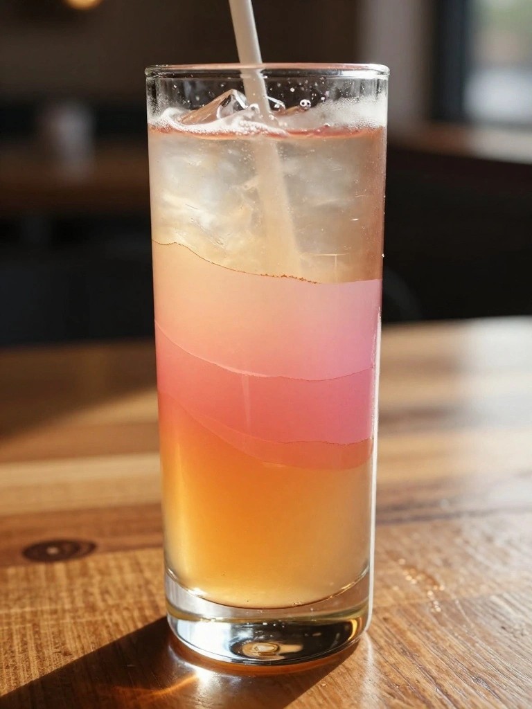 Tall glass of layered orange-pink drink with ice cubes and white straw on wood table