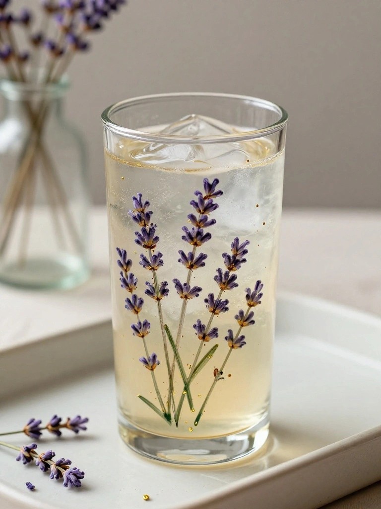 Tall glass of iced lavender drink with gold specks on white tray