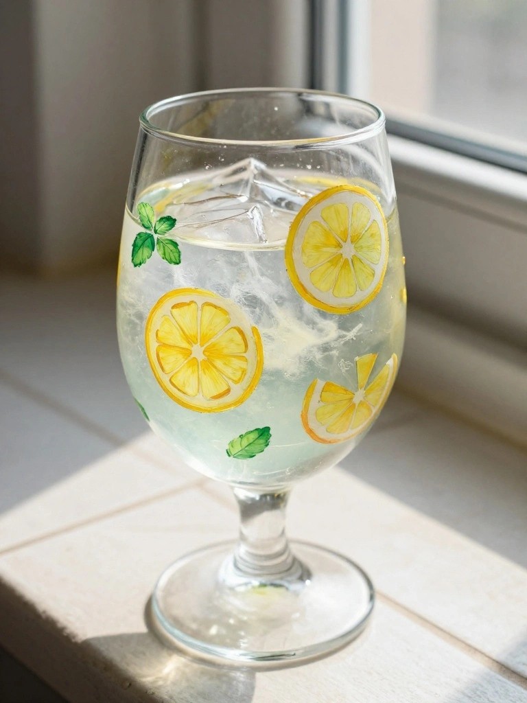 Stemmed glass painted with lemons and mint holding iced citrus slices and leaves