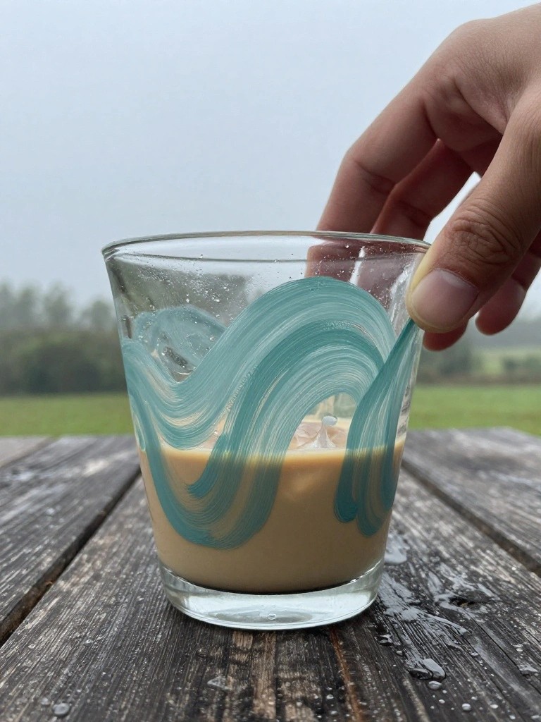 Hand holding glass with teal swirls containing beige liquid on wooden table