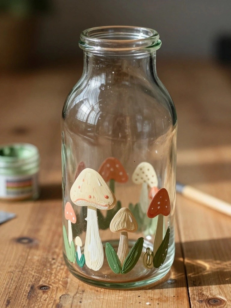 Clear glass bottle with hand-painted mushrooms and leaves in earthy colors on a wooden table.