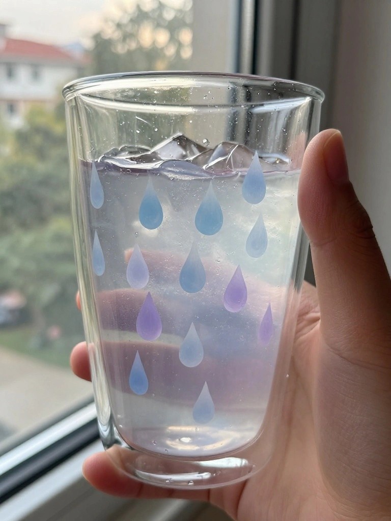 Hand holding glass of iced water with blue-purple gradient raindrop patterns and condensation.