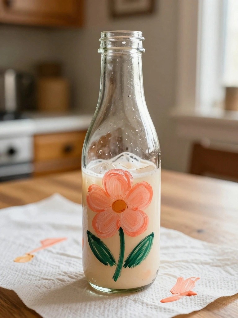 Glass bottle with painted pink flower filled with milk and ice on table