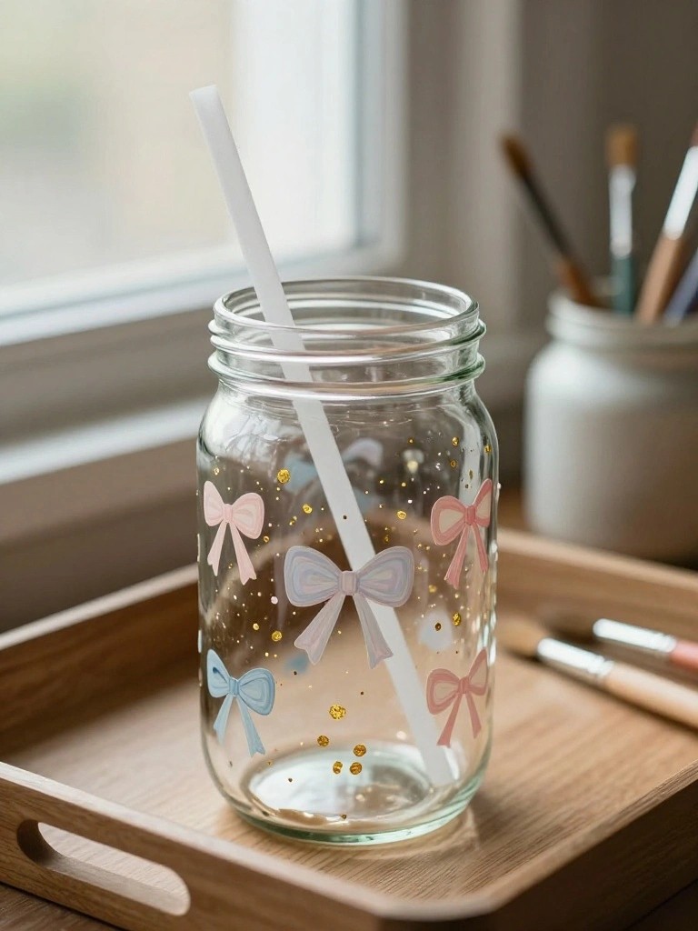 A clear glass mason jar with pastel bow paintings and gold dots holds a white straw on a wooden tray.