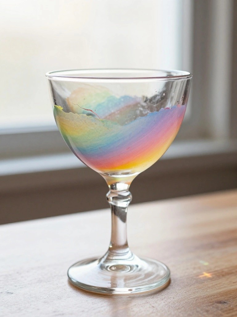 Clear glass goblet with rainbow streaks and leaf design on wooden table