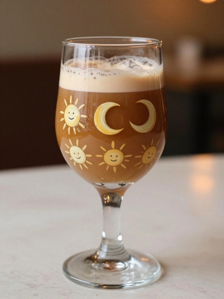 Stemmed glass of foamy coffee adorned with smiling suns and crescent moons.
