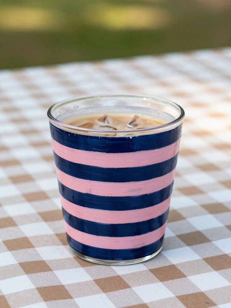 Blue and pink striped glass of iced coffee on checkered tablecloth