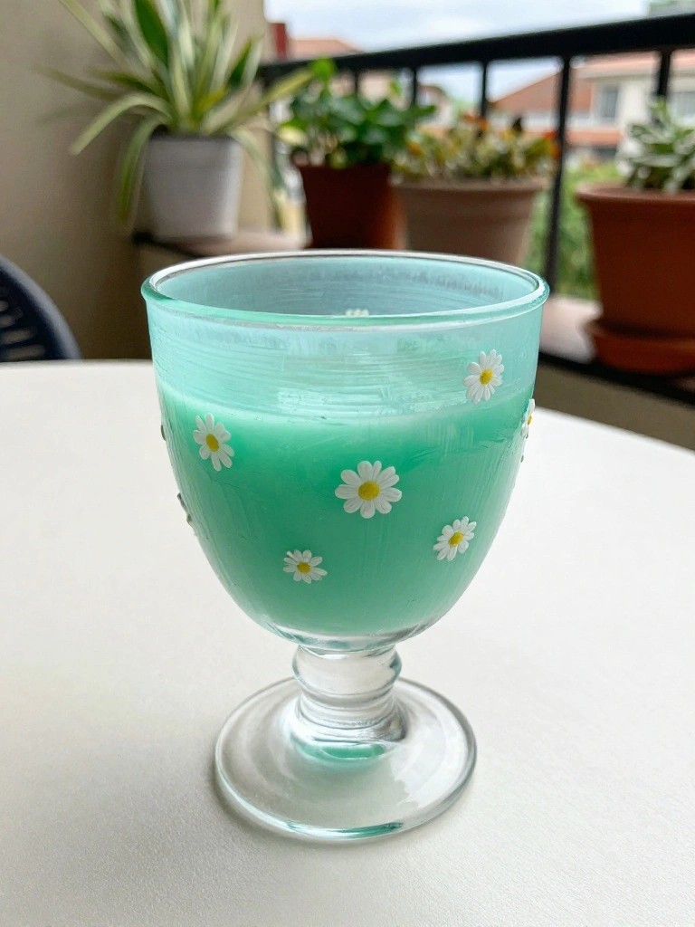 Turquoise candle in etched glass goblet adorned with white daisy flowers