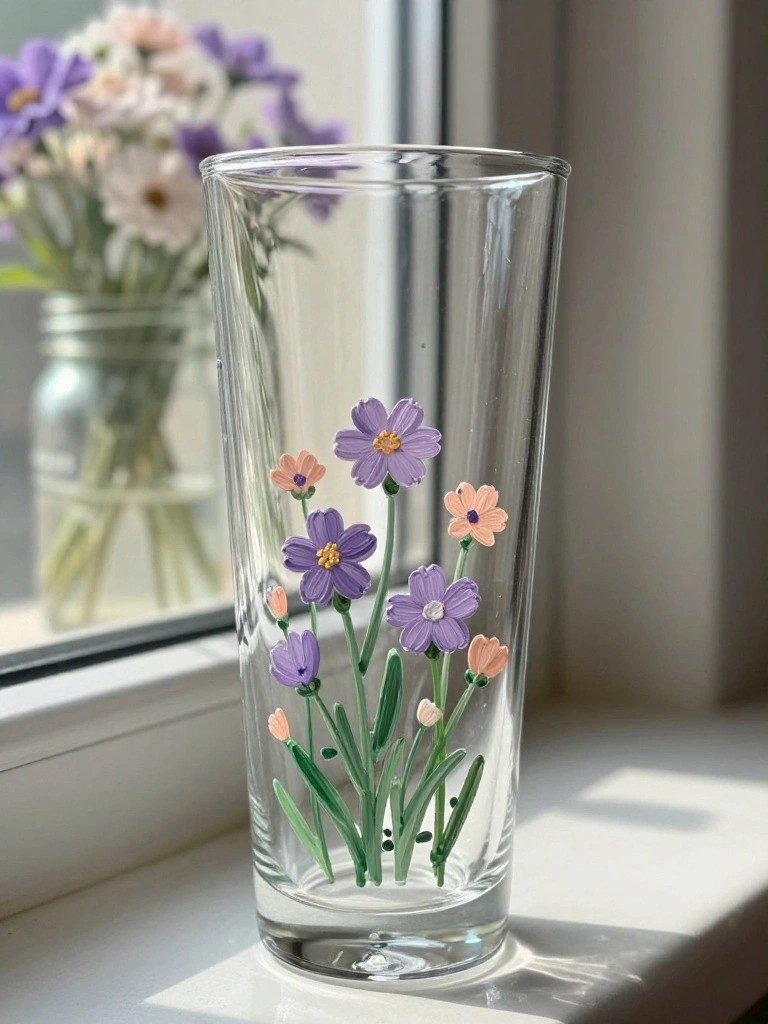 Clear glass tumbler hand-painted with purple and peach flowers on windowsill