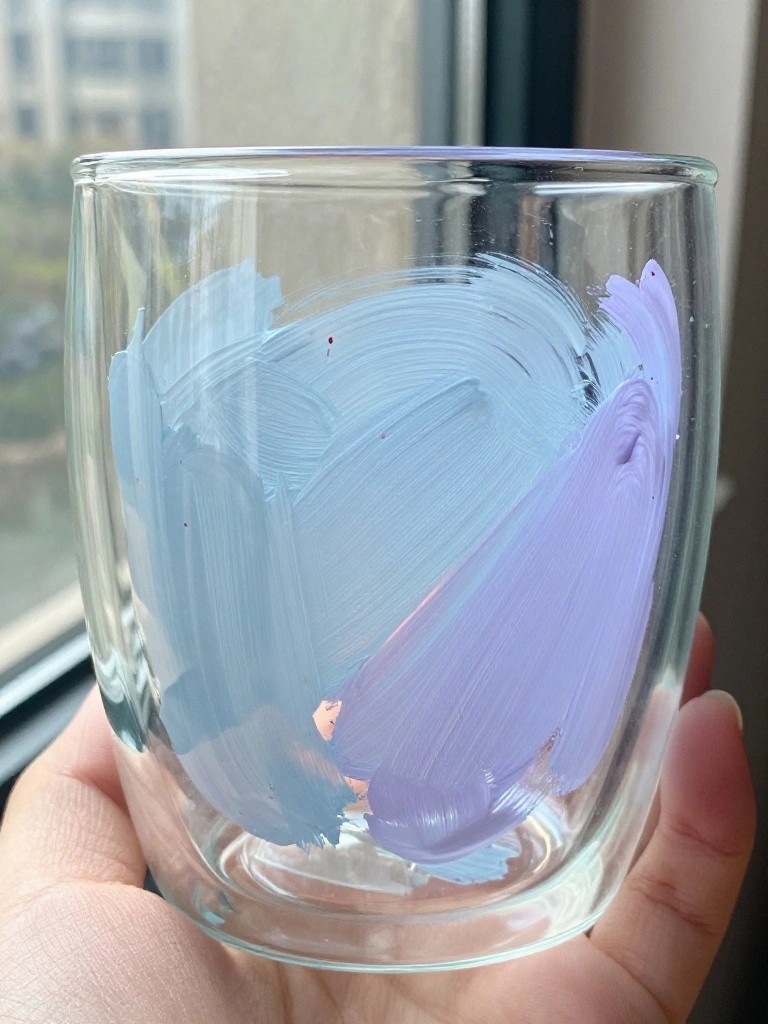 Hand holding clear glass with light blue and purple paint brushstrokes