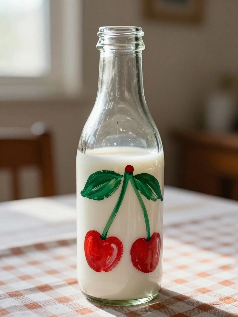 A clear glass bottle painted with two red cherries and green leaves sits filled with white liquid on a checkered cloth.