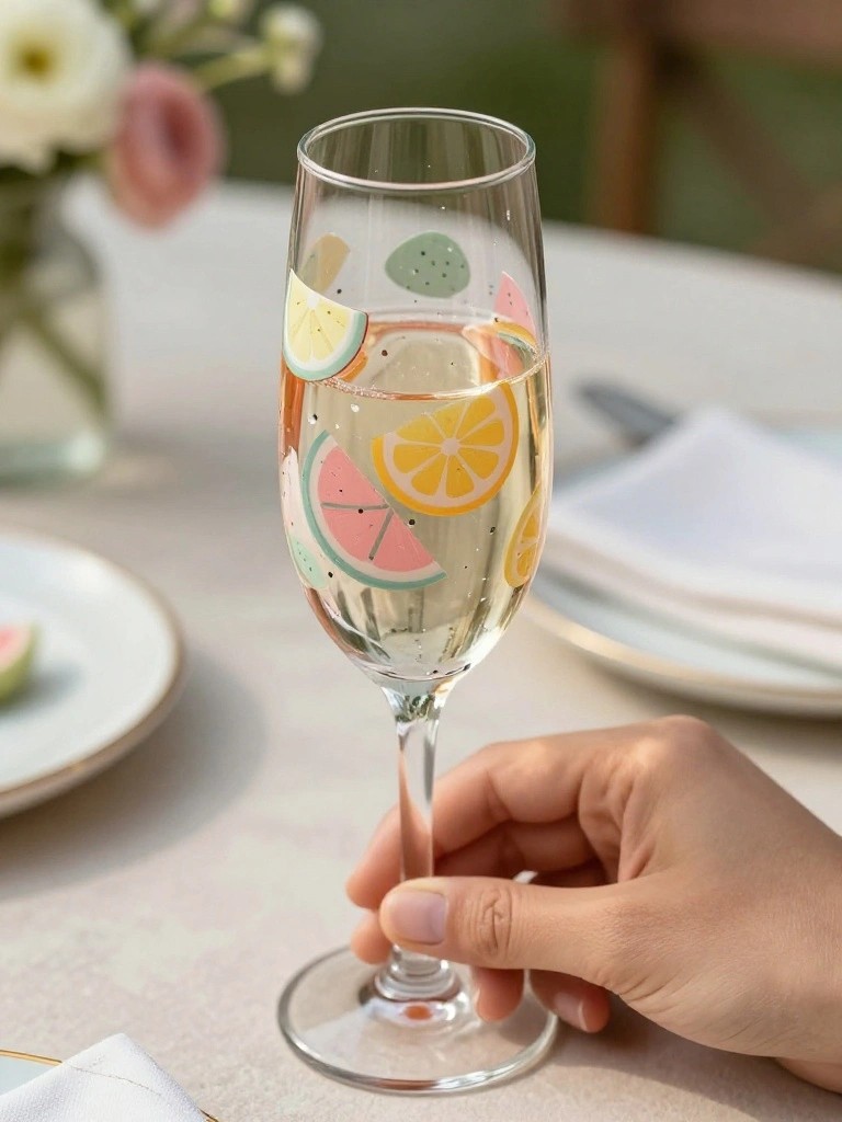 Hand holding a fruit-illustrated champagne flute filled with bubbly liquid on a table.
