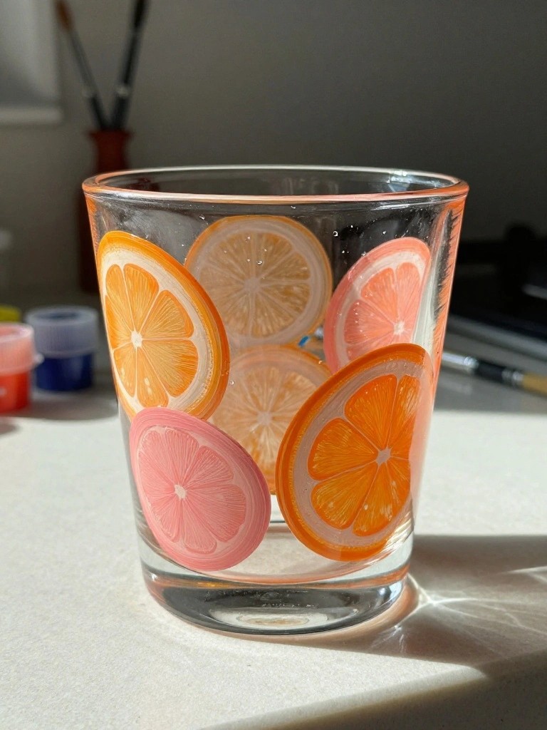 A clear short glass tumbler with painted slices of oranges, lemons, and grapefruits in bright colors.