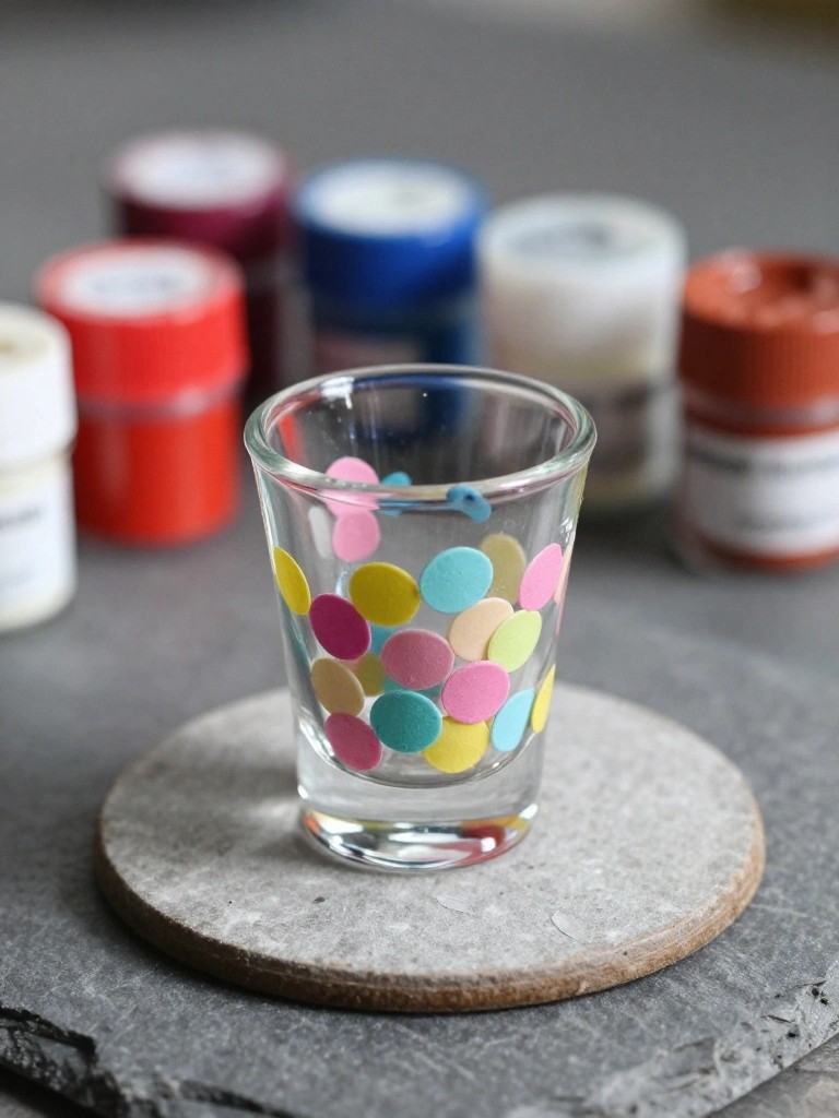 Colorful polka-dot glass on gray stone coaster with paint jars behind