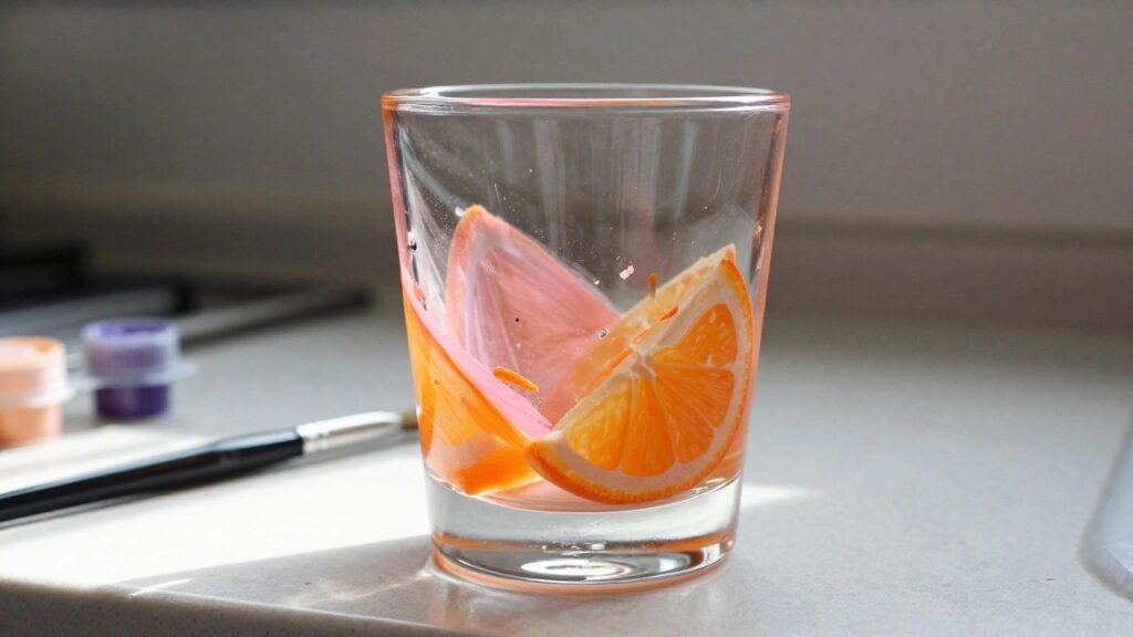 21 Easy Glass Cup Painting Ideas for Relaxing Craft Nights A clear short glass tumbler with painted slices of oranges, lemons, and grapefruits in bright colors.