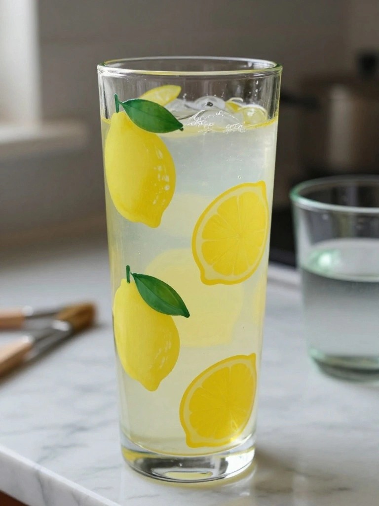 Tall glass with painted lemons filled with iced lemonade on marble counter