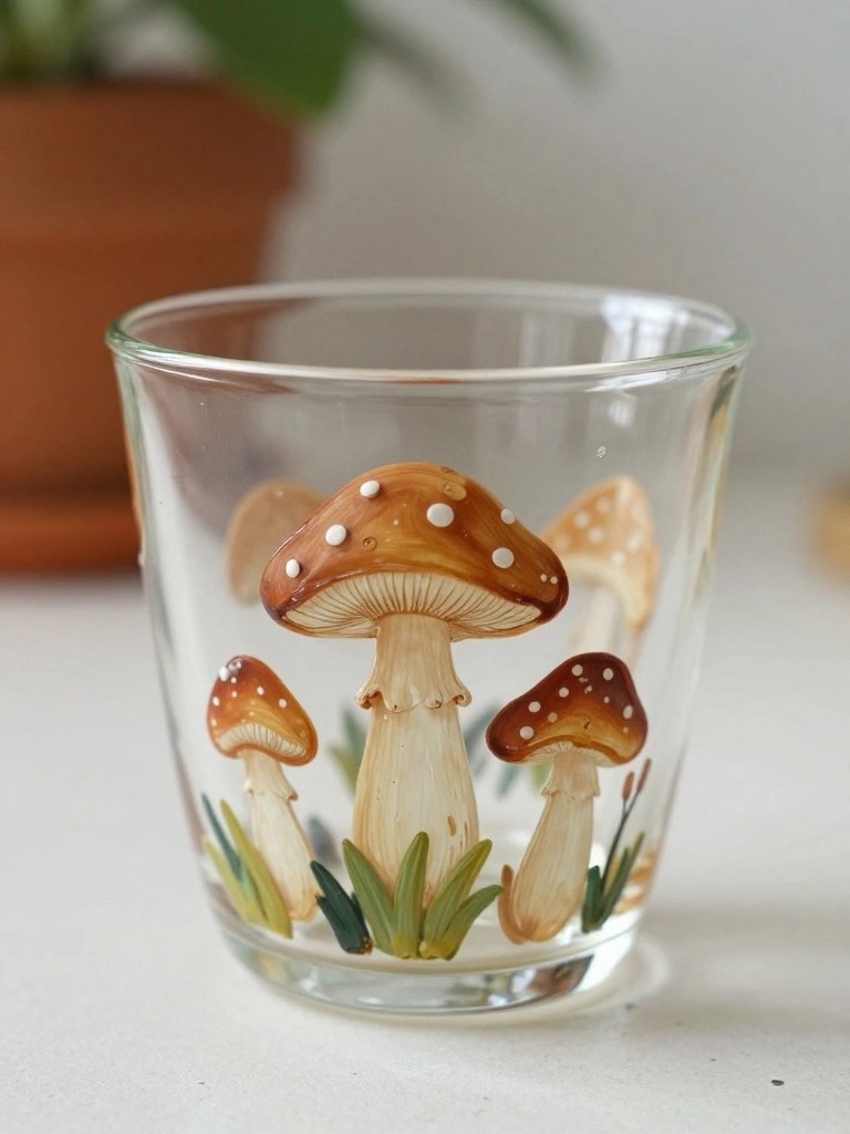 Clear glass tumbler painted with spotted brown mushrooms and green grass