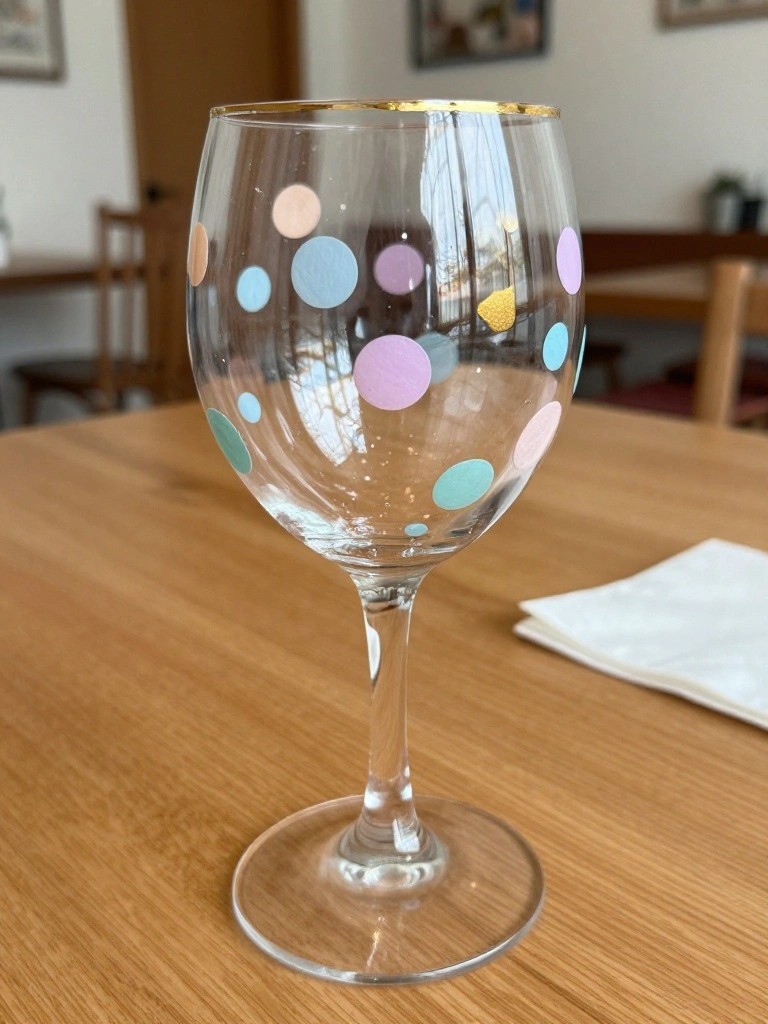 Clear wine glass with colorful polka dots and gold rim on wooden table