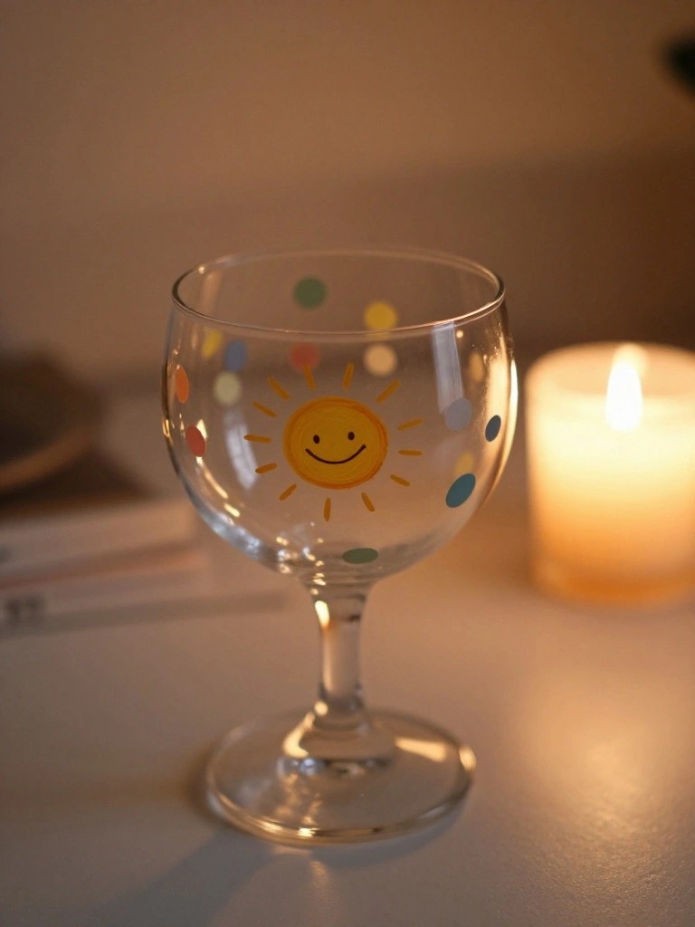 Wine glass with smiling sun and colorful dots beside a lit candle.