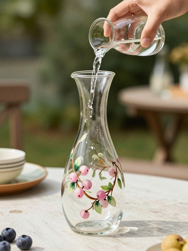 Hand pouring water into glass carafe painted with pink berries and leaves