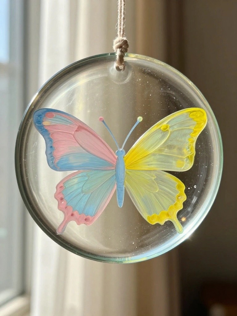 Round glass ornament with pink, blue, and yellow butterfly painting