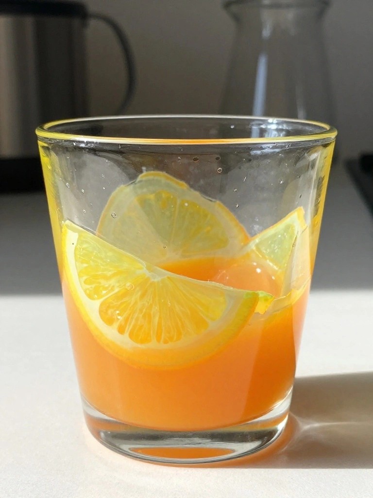 Glass of orange drink with lemon and lime slices, bubbles on glass.