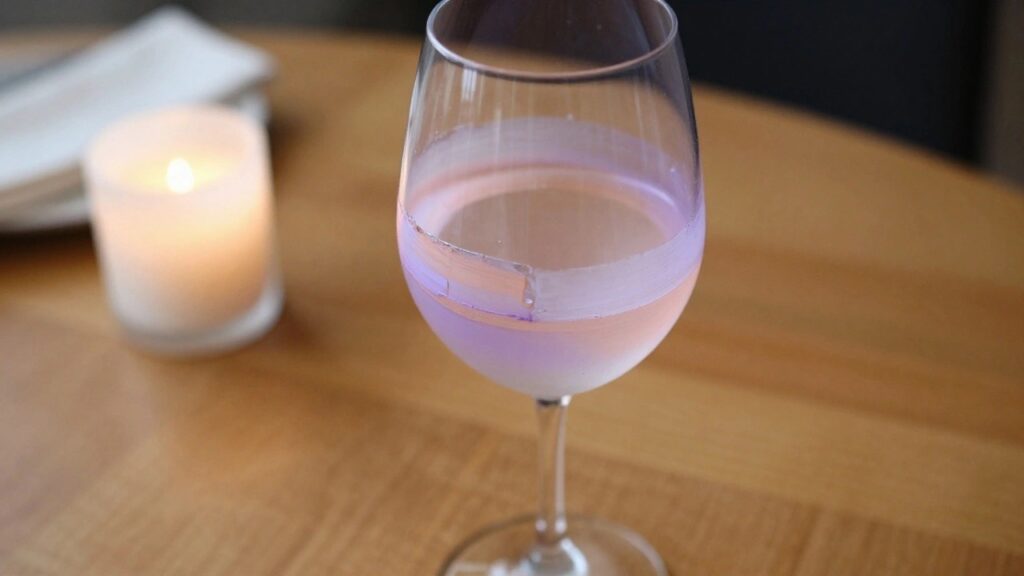 22 Elegant Wine Glass Painting Ideas for Formal Dinner Table Settings Wine glass with pink and purple brushstrokes holding liquid on wooden table beside candle