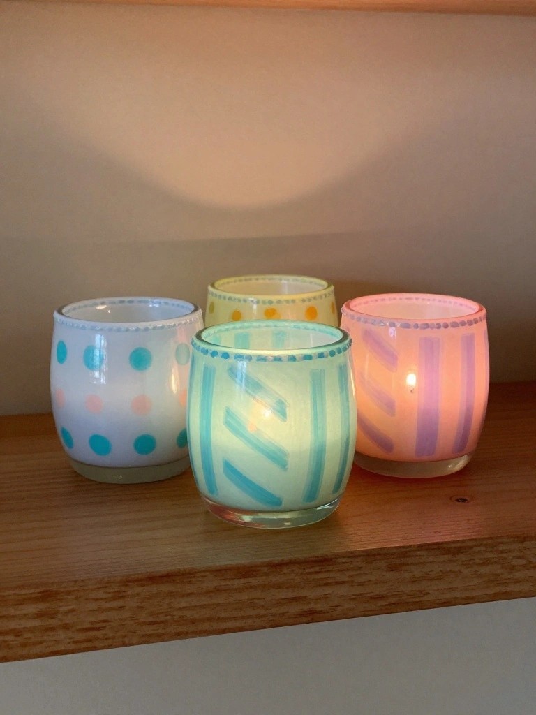 Four colorful patterned glass candle holders on wooden shelf, one lit
