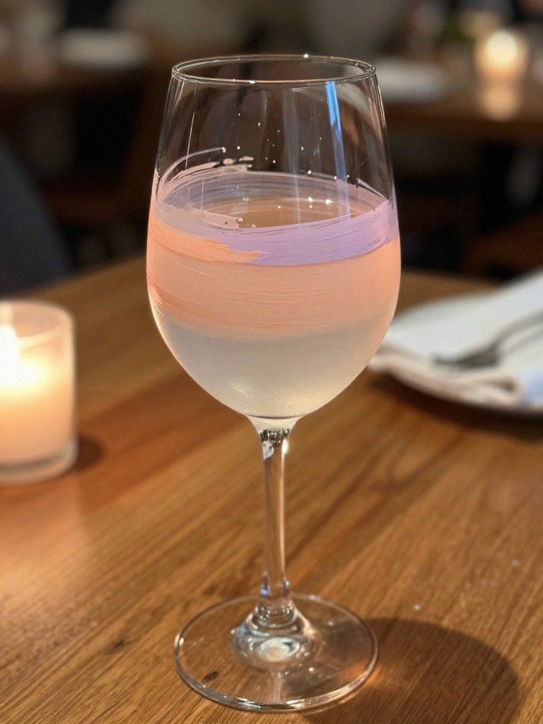 Wine glass with pink and purple brushstrokes holding liquid on wooden table beside candle