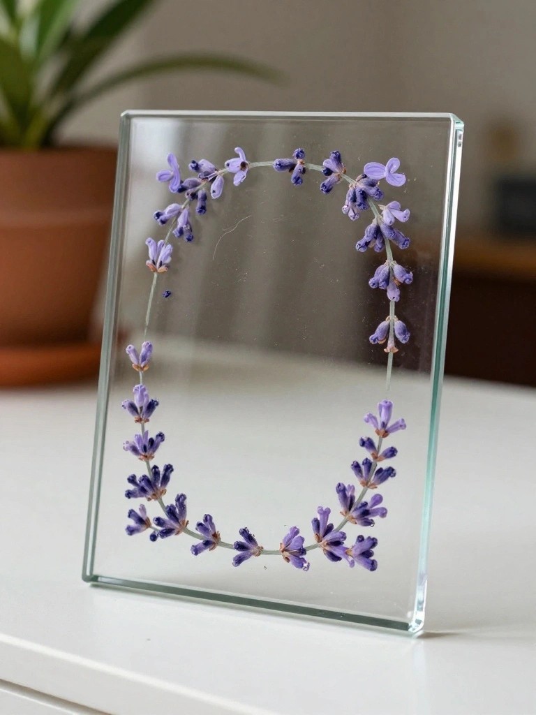Glass frame with circular wreath of pressed purple lavender flowers